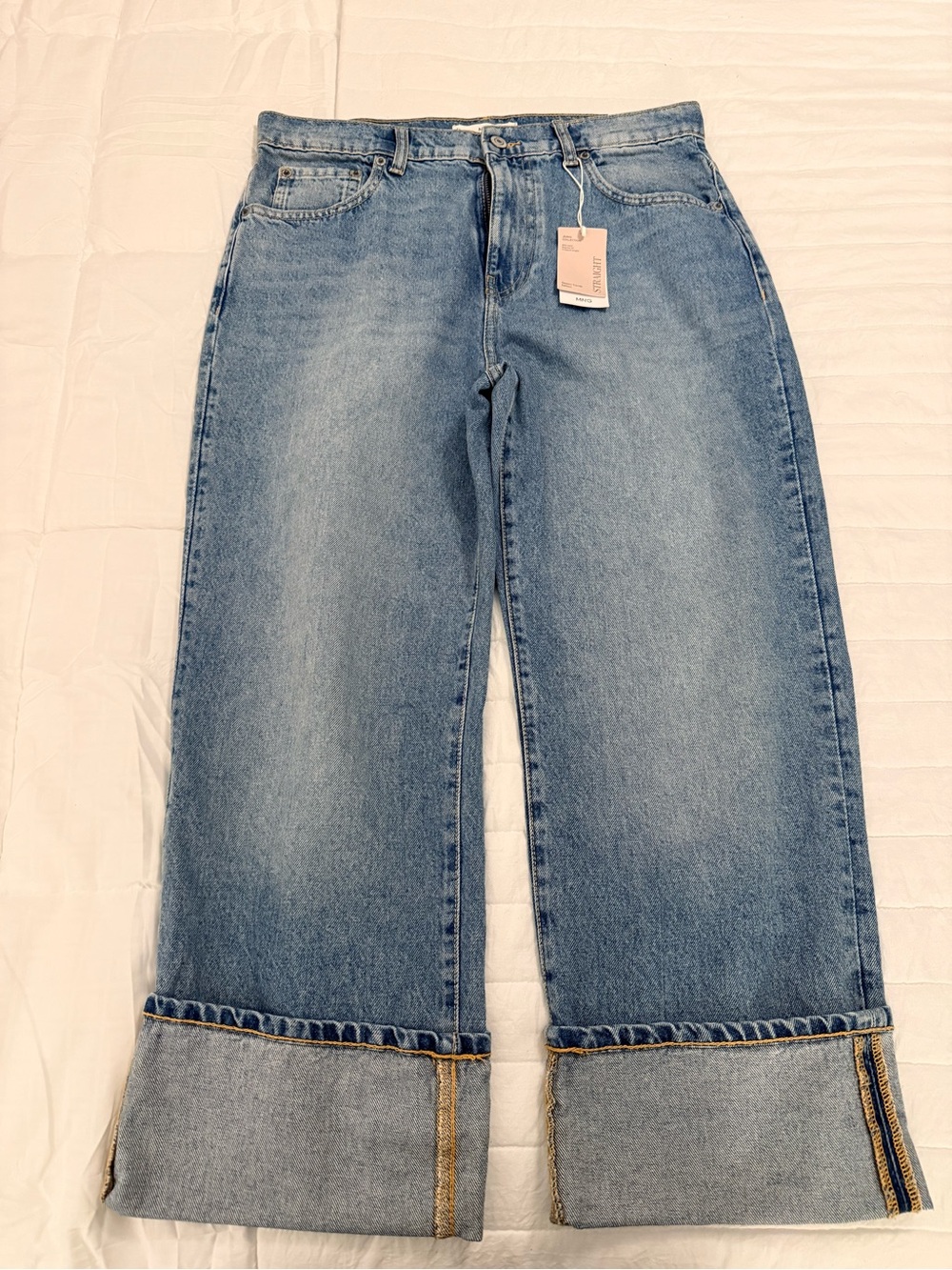 Mango Light Blue Wide-Leg Cuffed Jeans